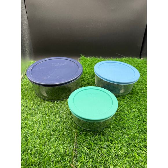 Pyrex Simply Store 3pc 1 Cup Round Glass Storage Set – Asst Color Lids - Picture 1 of 8